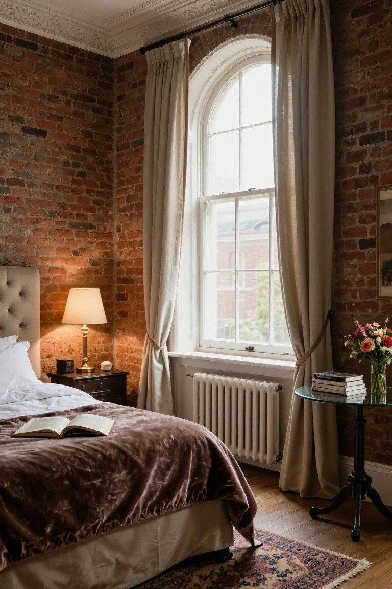 Cozy bedroom with red exposed brick walls on two sides, a tufted beige headboard bed with white sheets and brown velvet throw, brass table lamp on wooden nightstand, arched window with beige curtains, white radiator, glass side table with books and pink flower vase, and Persian rug on wood floor.