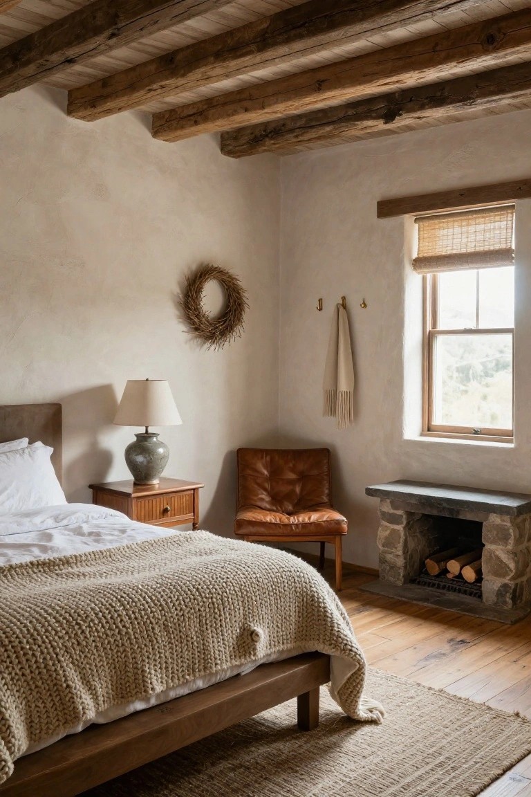 Bedroom with exposed dark wooden beam ceiling, beige plaster walls, low wooden bed with white sheets and cream knit blanket, wooden nightstand with green ceramic lamp, brown leather armchair, corner stone fireplace with stacked logs, and window with bamboo shade.