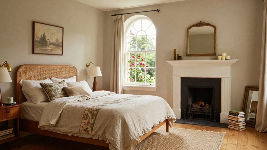 A bedroom with a tall wooden canopy bed draped in white ruffled linens, arched window showing pink roses outside, candles on mantel and side tables, floor pillows, and seagrass rug on wood floors.