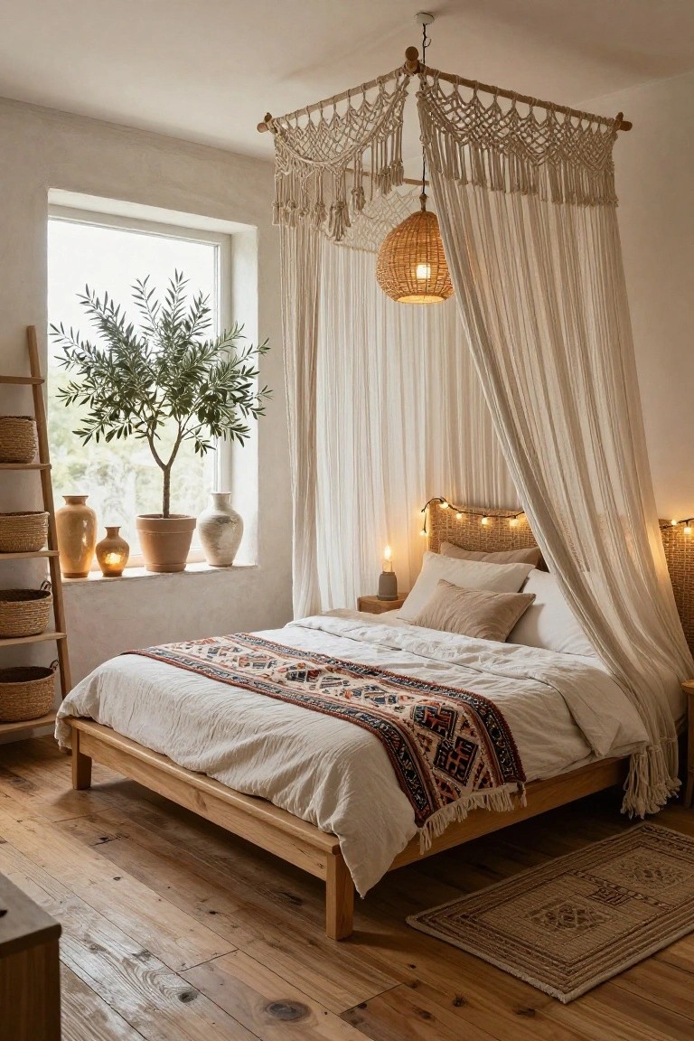 Bedroom with wooden platform bed under sheer white canopy from ceiling macrame frame, olive tree by window, rattan baskets, candles, and woven rug on light wood floor.