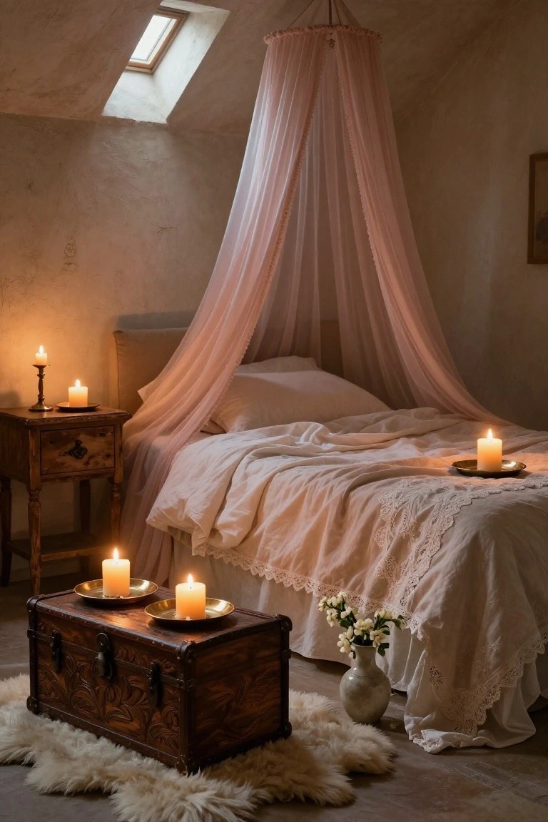Rustic attic bedroom with white bed draped in pink sheer canopy, candles on wooden nightstand trunk and bed, sheepskin rug on floor, skylight above.