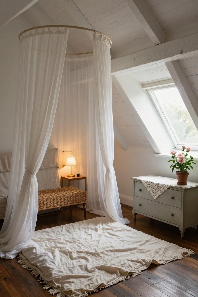 Attic bedroom with white sheer canopy hanging from wooden hoop over a bed, wooden side table and lamp, bench at foot, dresser with plant, and large cream rug on hardwood floors.