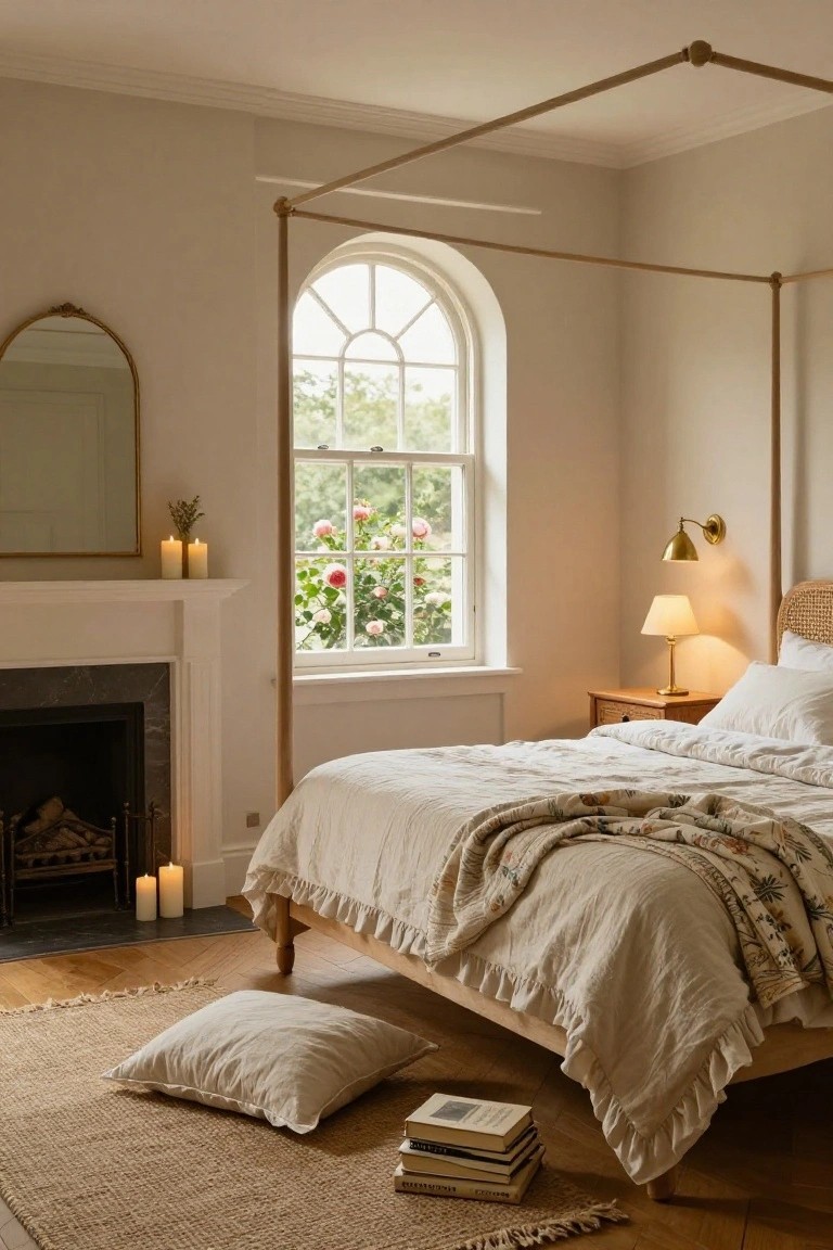 A bedroom with a tall wooden canopy bed draped in white ruffled linens, arched window showing pink roses outside, candles on mantel and side tables, floor pillows, and seagrass rug on wood floors.
