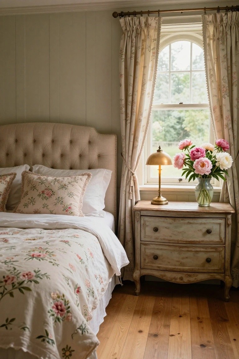 Cozy bedroom interior with tufted beige headboard, white sheets under pink floral duvet and pillows, distressed wood nightstand holding brass lamp and glass vase of pink and white peonies, floral curtains at arched window with green view, pale green paneled walls and wood floor.