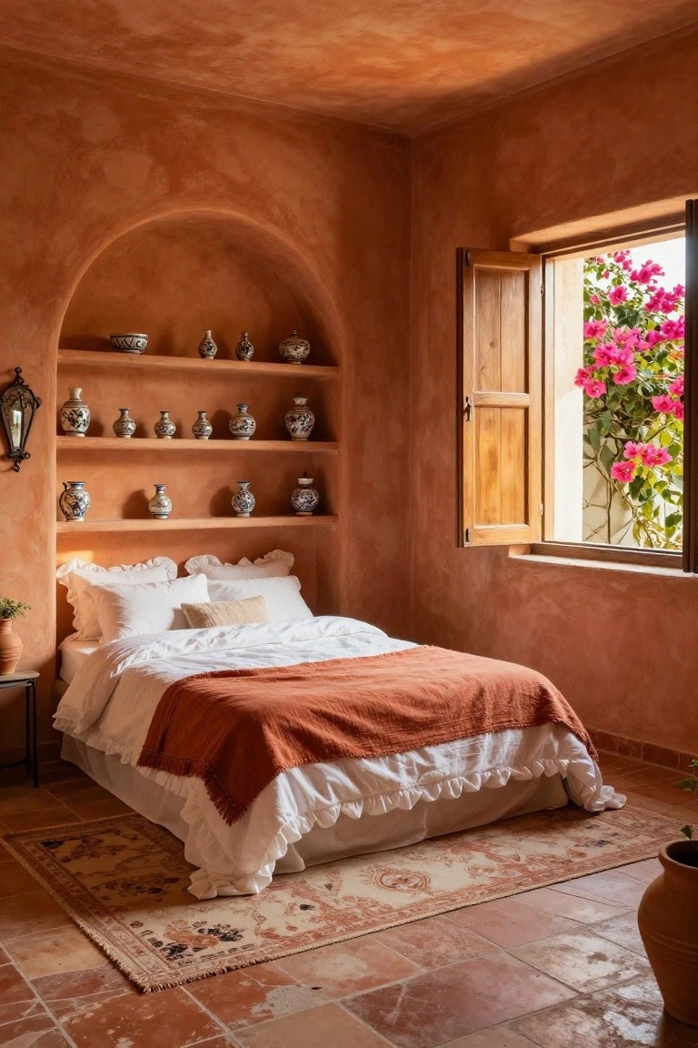 Bedroom featuring orange terracotta walls and floor tiles, arched built-in shelves displaying blue and white ceramic pottery, a low white bed with ruffled linens and orange throw, wooden shuttered window with pink bougainvillea outside, and a small side table.
