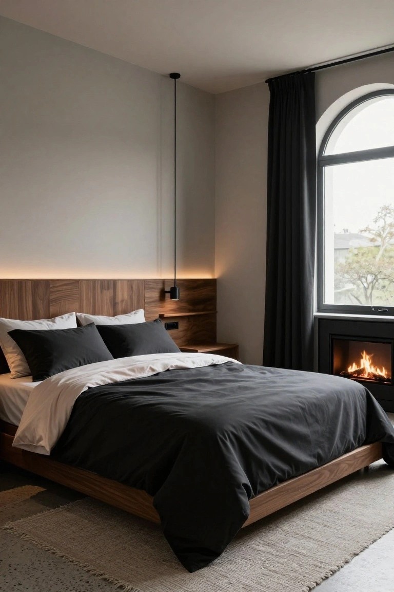 Modern bedroom with low walnut wood platform bed covered in black and white linens, illuminated walnut-paneled headboard with LED strip and black sconce light, corner fireplace with flames, arched window draped in black curtains, and black pendant light from ceiling.