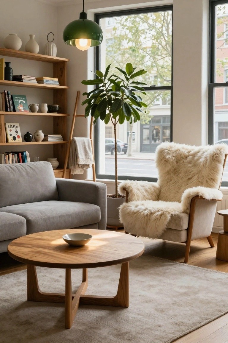 A light-filled living room with gray sofa, round wooden coffee table, large white sheepskin-upholstered armchair, wooden bookshelves with books and pottery, potted plants on a ladder stand, and large street-view windows.