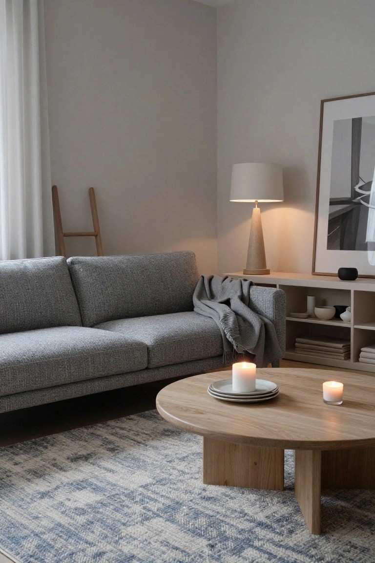 Light gray two-seater sofa with gray throw on beige carpeted floor next to wooden shelving unit, round oak coffee table with white plates and burning candles, tall wooden floor lamp, framed artwork, and wooden step ladder in a neutral-toned living room corner.