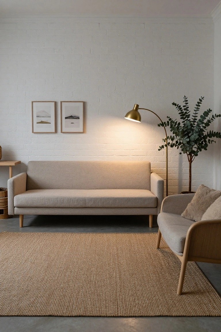 Beige sofa and curved armchair arranged on a large knotted seagrass rug in a white brick-walled room, with wooden side table, potted eucalyptus, gold arc lamp, and two framed landscape prints on the wall.