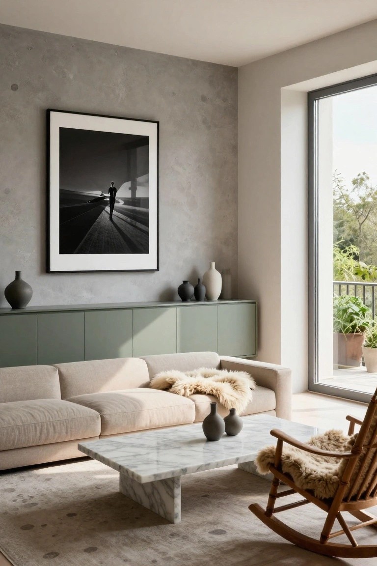 Scandinavian living room with light beige sofa covered in sheepskin throws, low white marble coffee table with ceramic vases, wooden rocking chair with sheepskin seat, sage green cabinets topped with vases, large black-and-white photograph on textured gray wall, and window to planted balcony.
