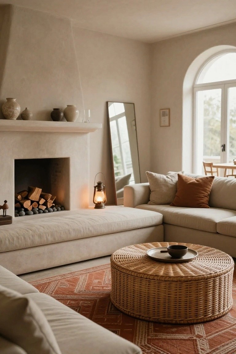Beige linen sectional sofa on terracotta patterned rug with round rattan coffee table holding a plate and cup, plaster fireplace stacked with wood logs and pebbles, two lanterns, and arched window in neutral living room.
