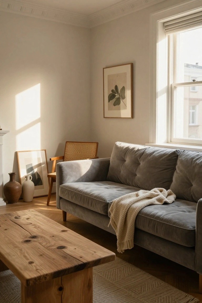 Gray tufted velvet sofa with wooden legs and cream knit throw draped over the arm, rattan chair beside it, live-edge wooden coffee table in front, framed art and vases nearby, in a light beige room with sunlight from a large window.