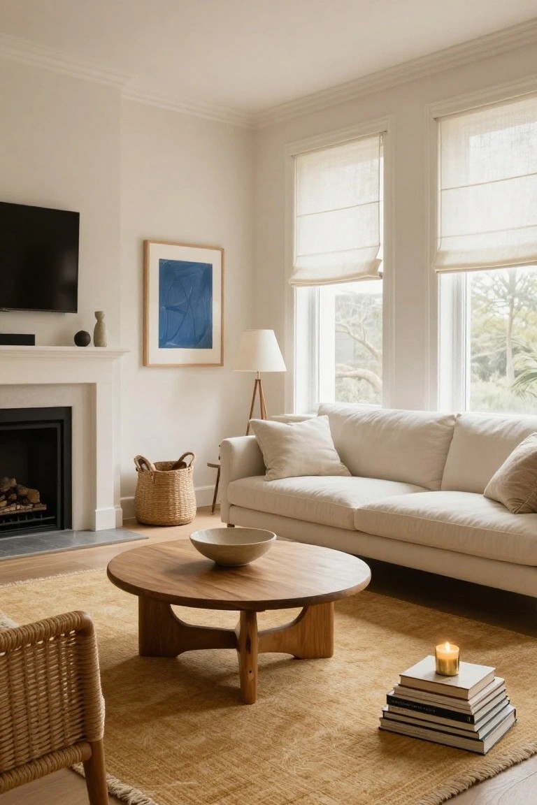 A light-filled living room corner featuring a white sofa, round wooden coffee table with tapered legs, fireplace, large windows with linen shades, and beige rug.