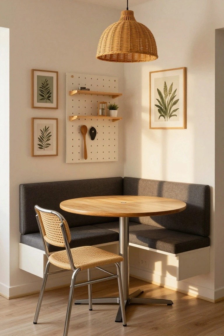 Gray upholstered corner bench seating with round light wood table and rattan chair on chrome base, next to white pegboard wall with utensils and shelves in a bright room with plant prints.