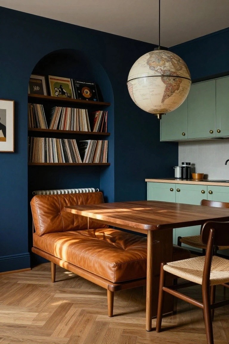 Small interior room with navy blue walls, arched alcove shelving unit filled with books and vinyl records, large globe pendant light, tan leather daybed next to wooden dining table and chairs on herringbone parquet floor.
