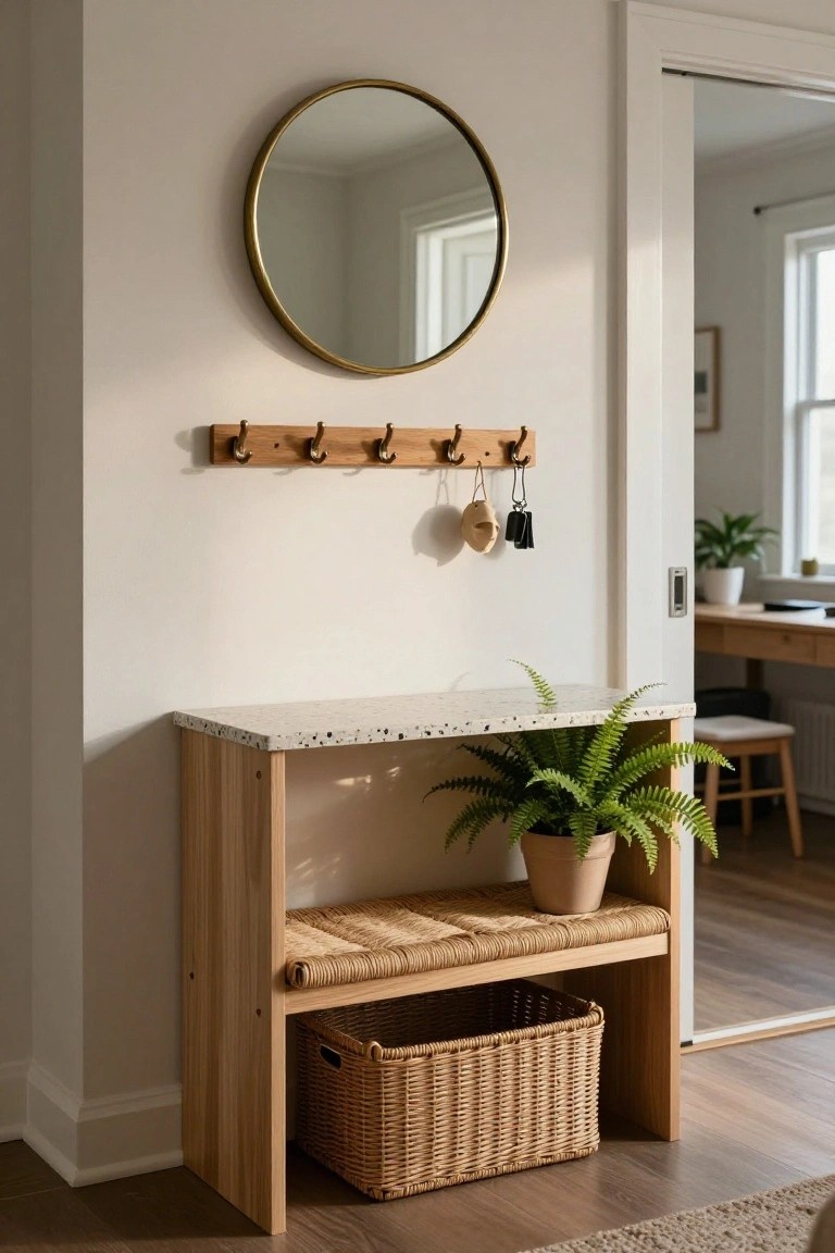 Wooden entry bench with speckled white top, rattan seat cushion, fern plant on top, and woven basket underneath, next to coat hooks with hanging keys and a round brass mirror on a beige wall.