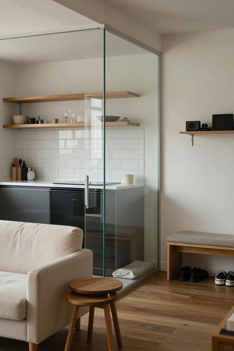 Small studio apartment with a transparent glass shower enclosure next to gray kitchen cabinets, white subway tile backsplash, wooden shelves, cream sofa, wood stool, and shoes on oak flooring.