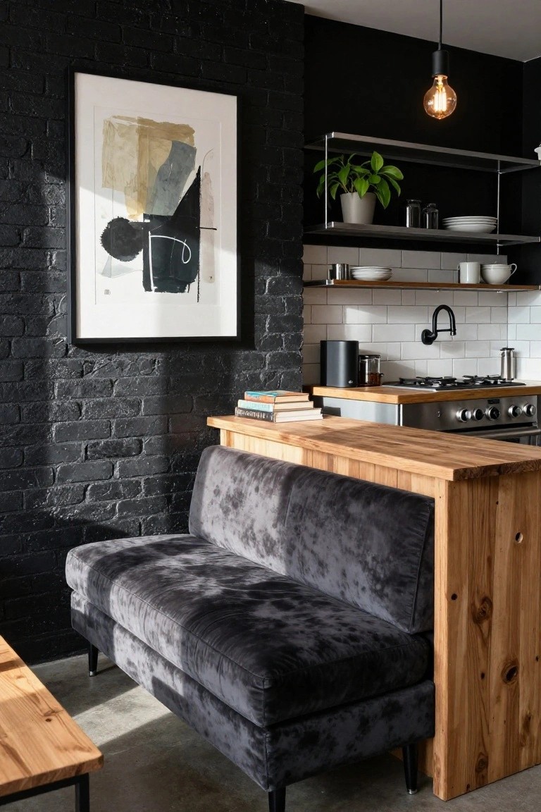 Small kitchen interior with black brick walls, wooden counter extending into a gray velvet bench seat, metal shelves holding dishes and plants, gas stove, and abstract wall art.