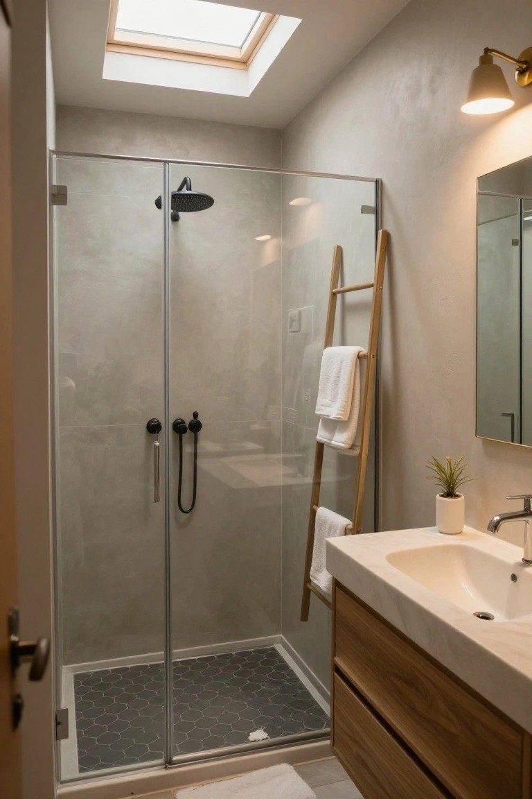 Compact bathroom with glass shower enclosure, wooden ladder towel rack holding white towels, oak vanity and sink, skylight ceiling, wall sconce light, and small potted plant on counter.