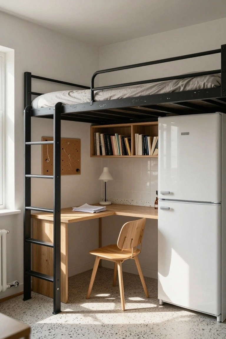 Small studio apartment corner with black metal loft bunk bed above wooden desk and chair, white refrigerator beside desk, wooden shelves with books, and corkboard on ladder frame wall.