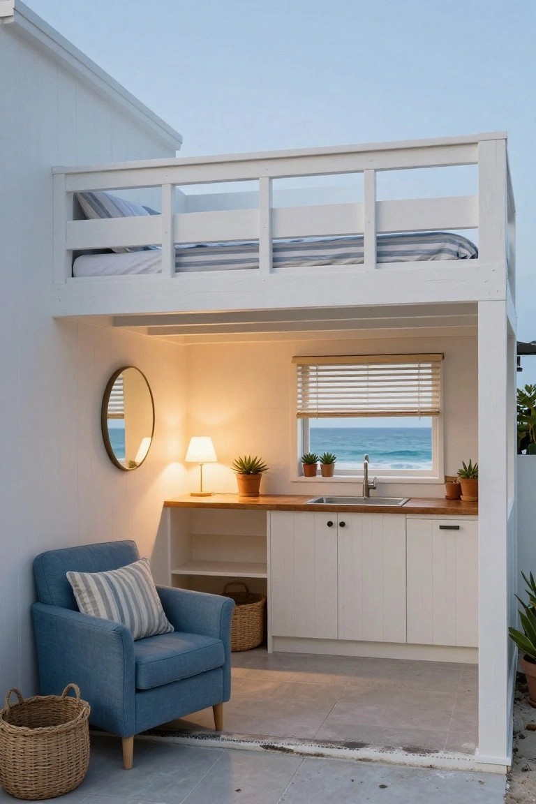 Small white interior studio with loft bed above wooden kitchen sink and counter, blue armchair with pillows, round mirror, potted plants, and window to ocean view.