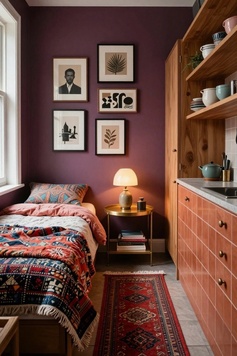 Small studio apartment interior featuring a deep purple wall with framed art, a single bed with colorful bedding and quilt, wooden open shelving above a terracotta-tiled kitchen counter, and a bedside lamp on a gold table.