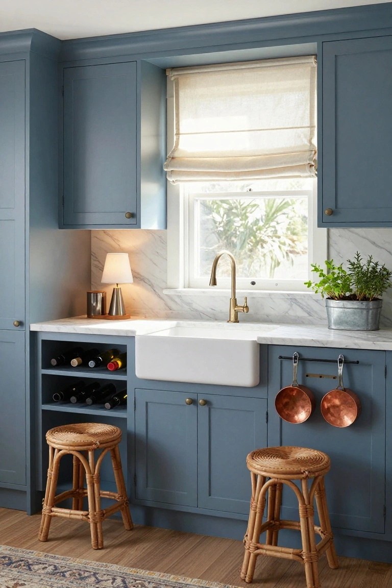 A compact kitchen with navy blue cabinets, white farmhouse sink on marble countertop, built-in wine rack below, hanging copper pots, table lamp, plants, and two rattan bar stools on wood floor.