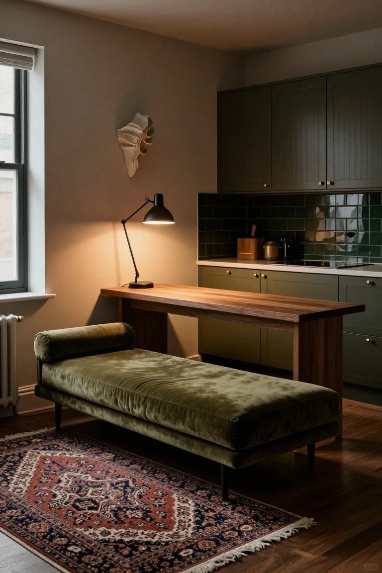 Small studio apartment interior with dark green kitchen cabinets, wooden desk console, green velvet chaise lounge on a red and navy Persian rug, desk lamp, and window with beige blinds.