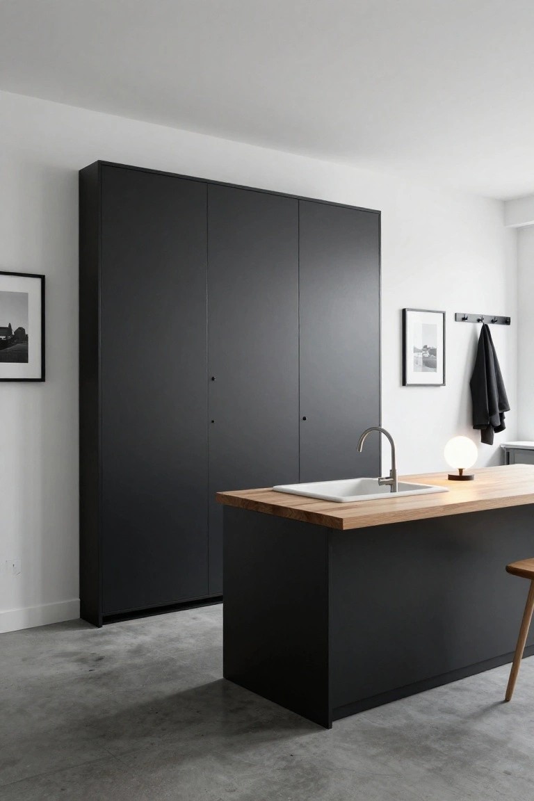Minimalist kitchen interior with tall matte black floor-to-ceiling cabinets, wooden countertop island featuring a white sink and gooseneck faucet, polished concrete floor, wall photos, and a hanging black towel.