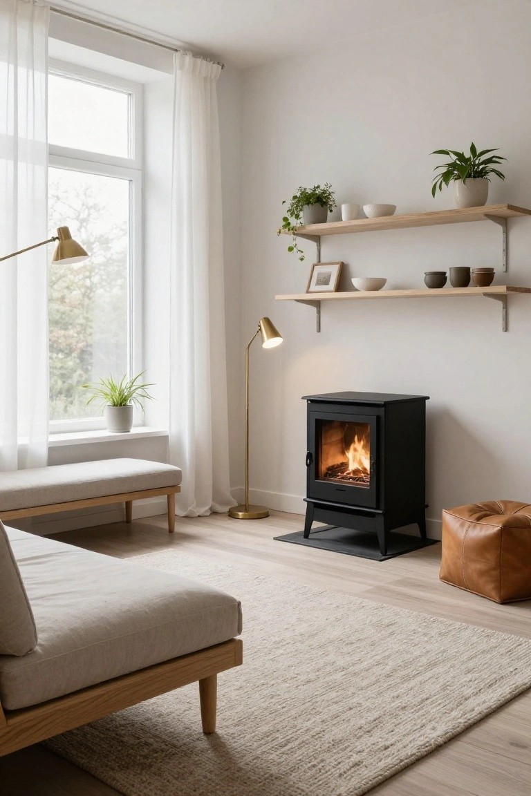 A light-filled living room corner with a black freestanding wood-burning stove, beige bench and daybed, wooden shelves holding plants and ceramics, gold floor lamps, and sheer curtains on a large window.