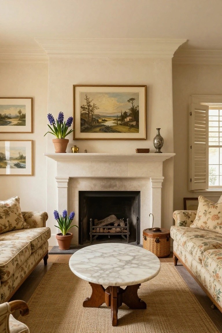 Living room with cream walls, facing floral-upholstered sofas, white marble pedestal coffee table on seagrass rug, stone fireplace with potted blue hyacinths on mantel and hearth, small artworks and silver vase nearby, shutters on window.