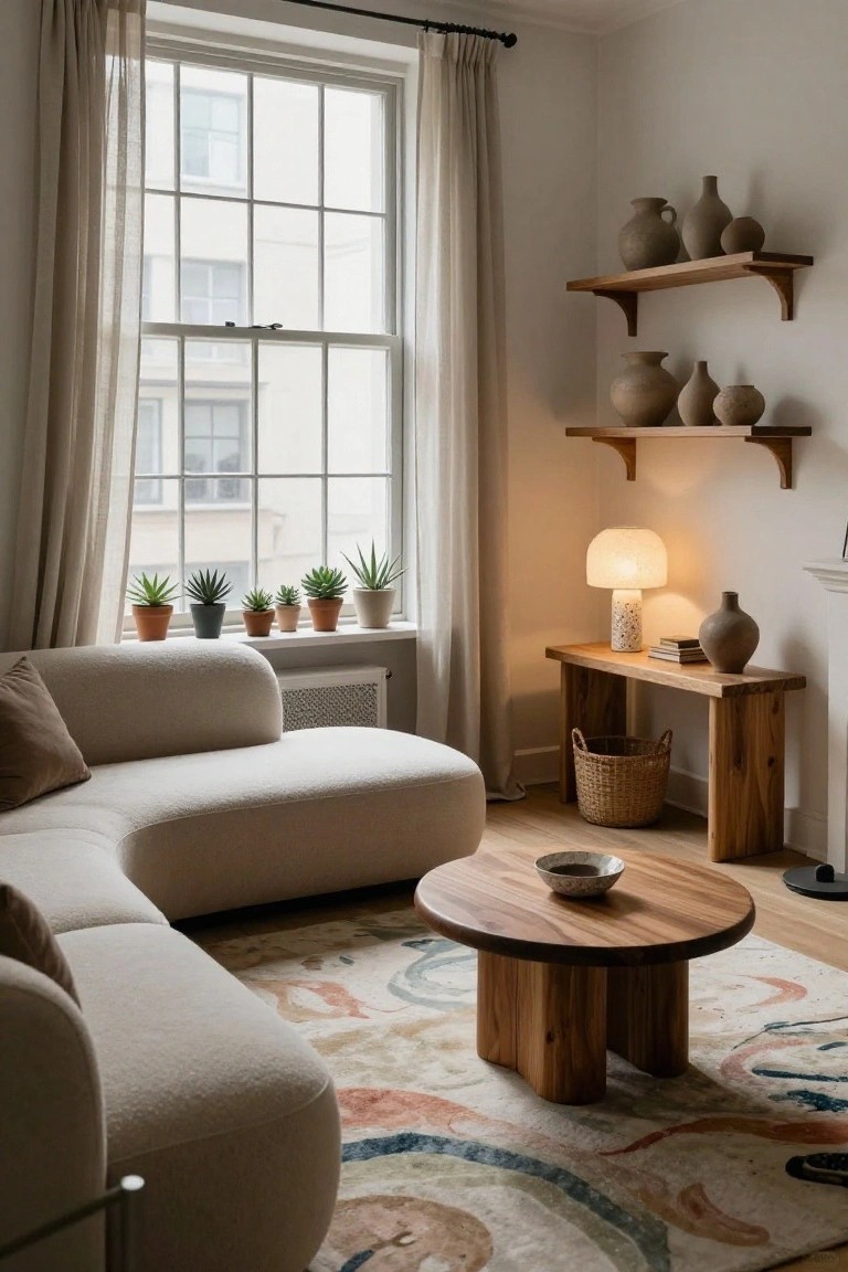 Light beige curved sofa in a living room with round wooden coffee table, wooden side table, pottery on floating shelves, potted succulents on windowsill, neutral area rug, and large window with sheer curtains.