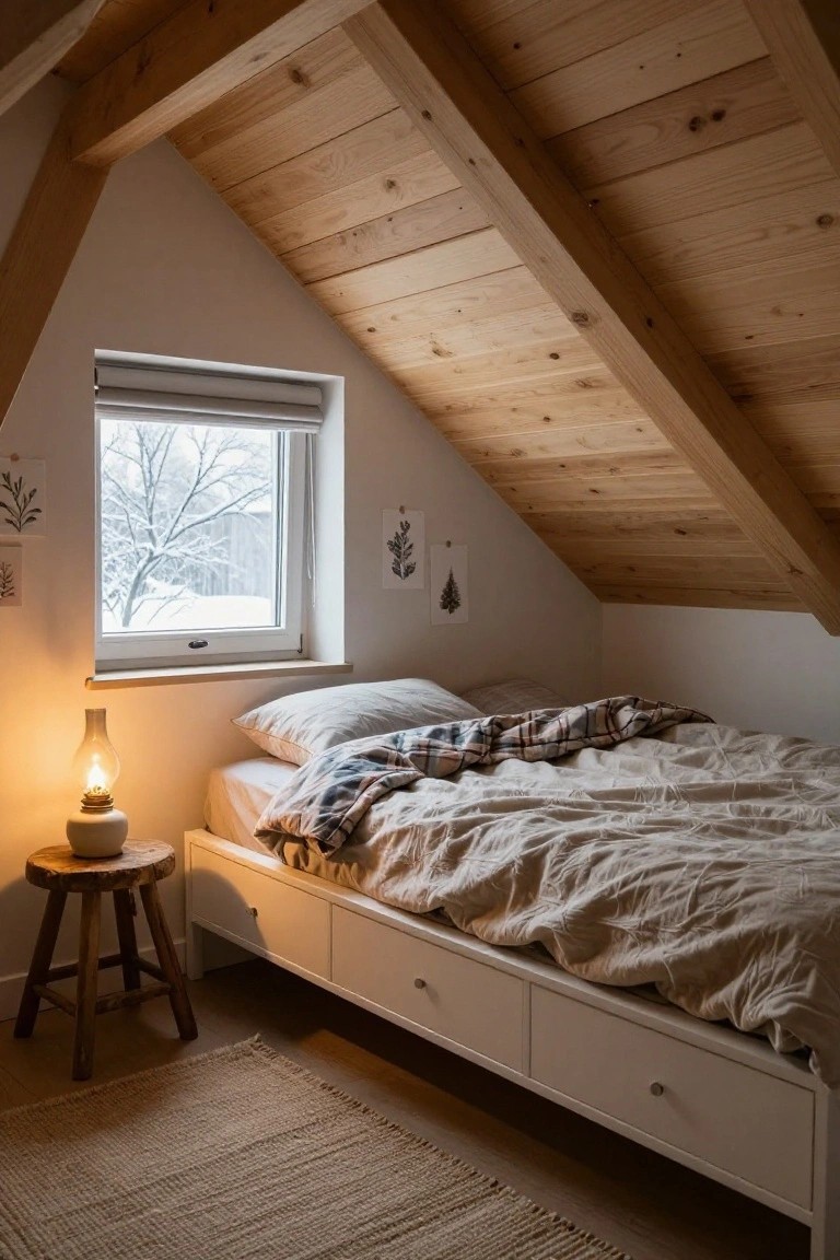 Attic bedroom with sloped ceiling of exposed wooden beams, low white platform bed covered in white linens and plaid blanket, oil lamp on wooden stool beside bed, and small window showing snowy trees outside.