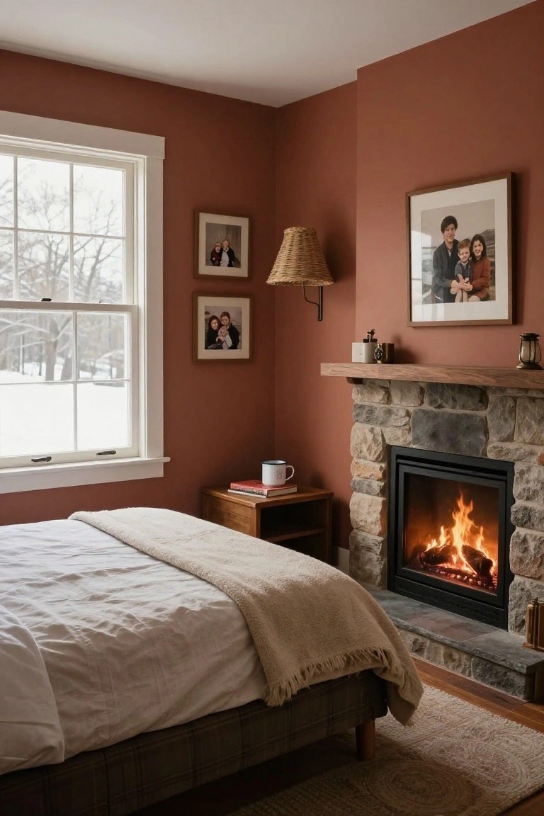 Corner bedroom with terracotta walls, lit stone fireplace, wooden bed draped in beige throw, nightstand with book and mug, window showing snowy trees outside, and framed family photos on walls.