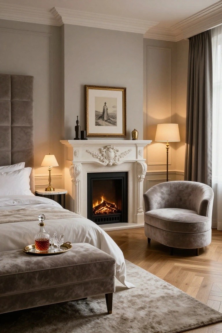 Bedroom interior with white ornate fireplace lit by electric flames, gray velvet bed and ottoman, bedside lamps, armchair, artwork, and hardwood floors under gray walls and curtains.
