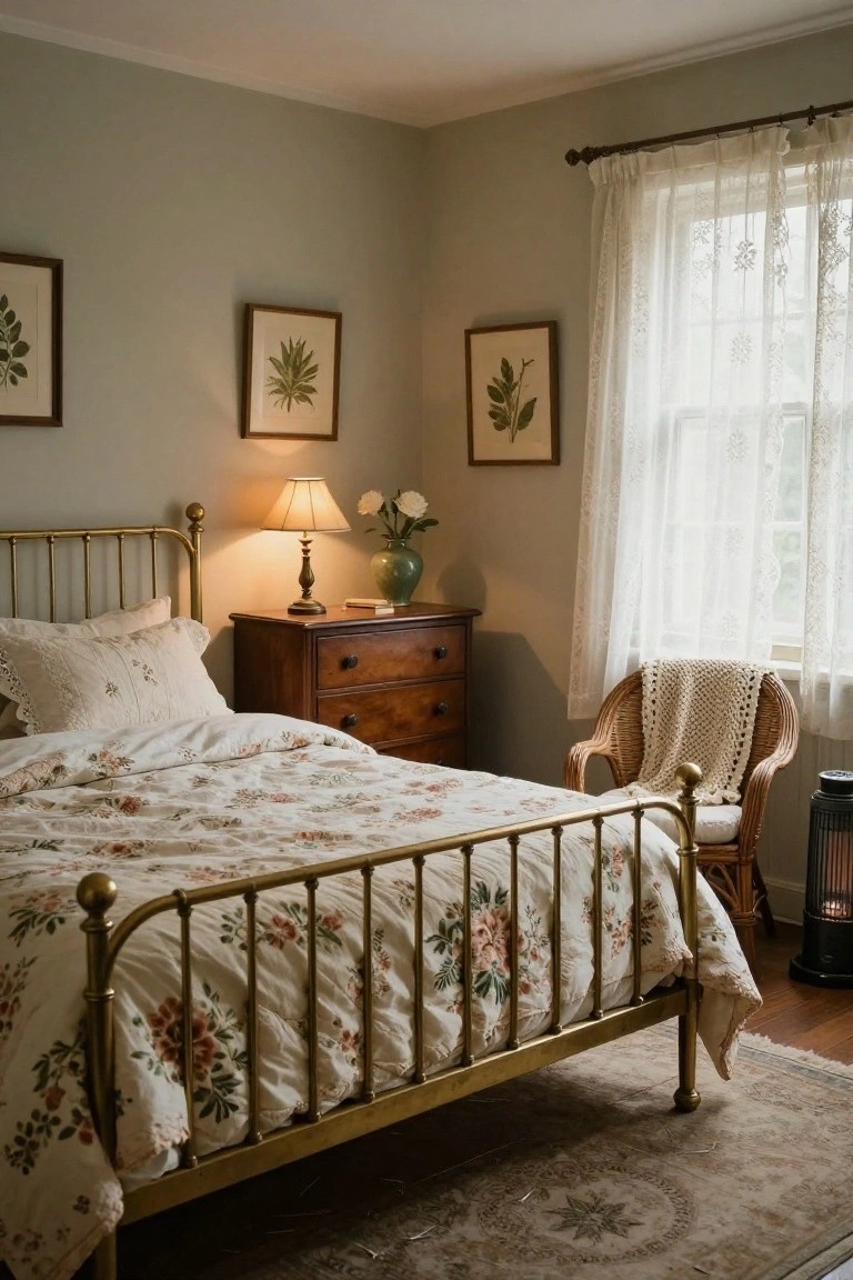 Sage green bedroom with brass bed frame, white floral quilt and pillows, wooden dresser with lamp and vase, botanical art on walls, wicker chair with throw, sheer curtains at window, lantern, and area rug on wood floor.