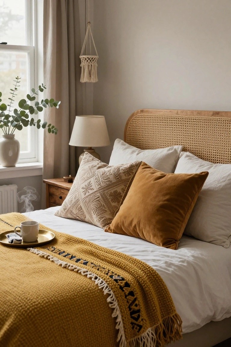 Bedroom with curved rattan headboard, white sheet and pillows topped by mustard yellow velvet pillows and chunky knit throw, gold tray holding white mug of tea on bed, eucalyptus in vase by window, macrame hanger on wall, lamp and wooden nightstand nearby.