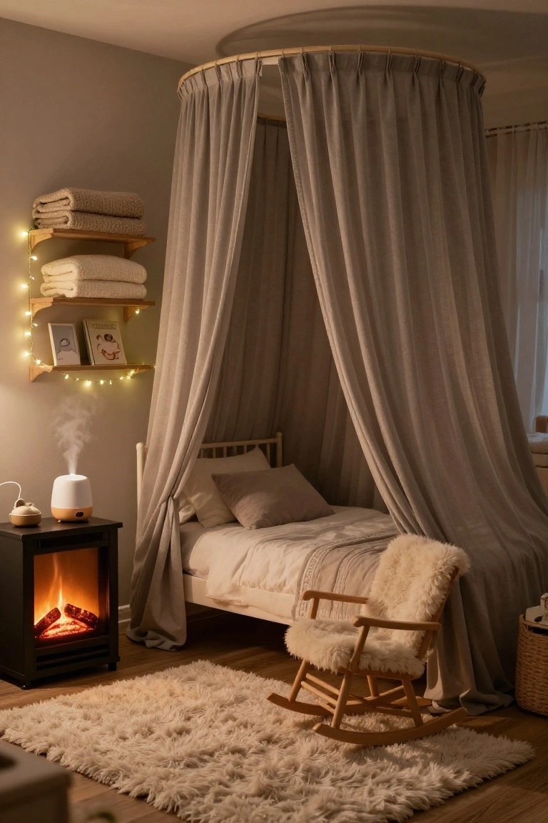A bedroom with a single bed under a sheer gray canopy draped from a circular wooden hoop, fairy lights on wooden shelves with towels and books, a white diffuser on a side table, an electric fireplace, a wooden rocking chair with sheepskin, and a fluffy white rug on a wooden floor.