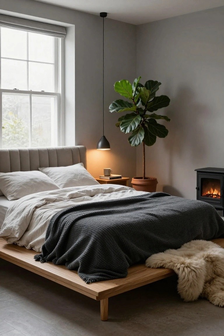 Bedroom with low wooden platform bed topped by white sheets, gray wool throw, and cream sheepskin rug at the foot, beside a lit black electric fireplace, large potted ficus plant, wooden nightstand with mug, and window with blinds.