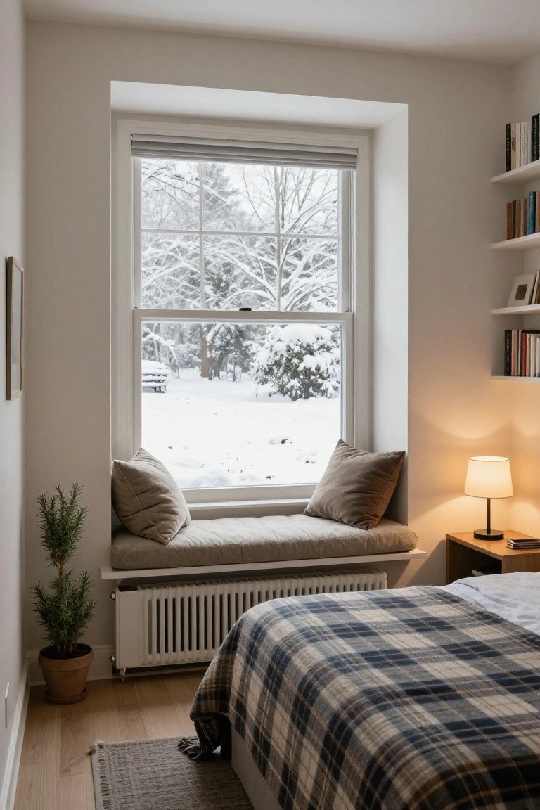 Bedroom with cushioned bench seat under large window showing snowy trees and landscape, plaid bedcover nearby, bookshelves on wall, table lamp, radiator, and potted plant on wood floor.