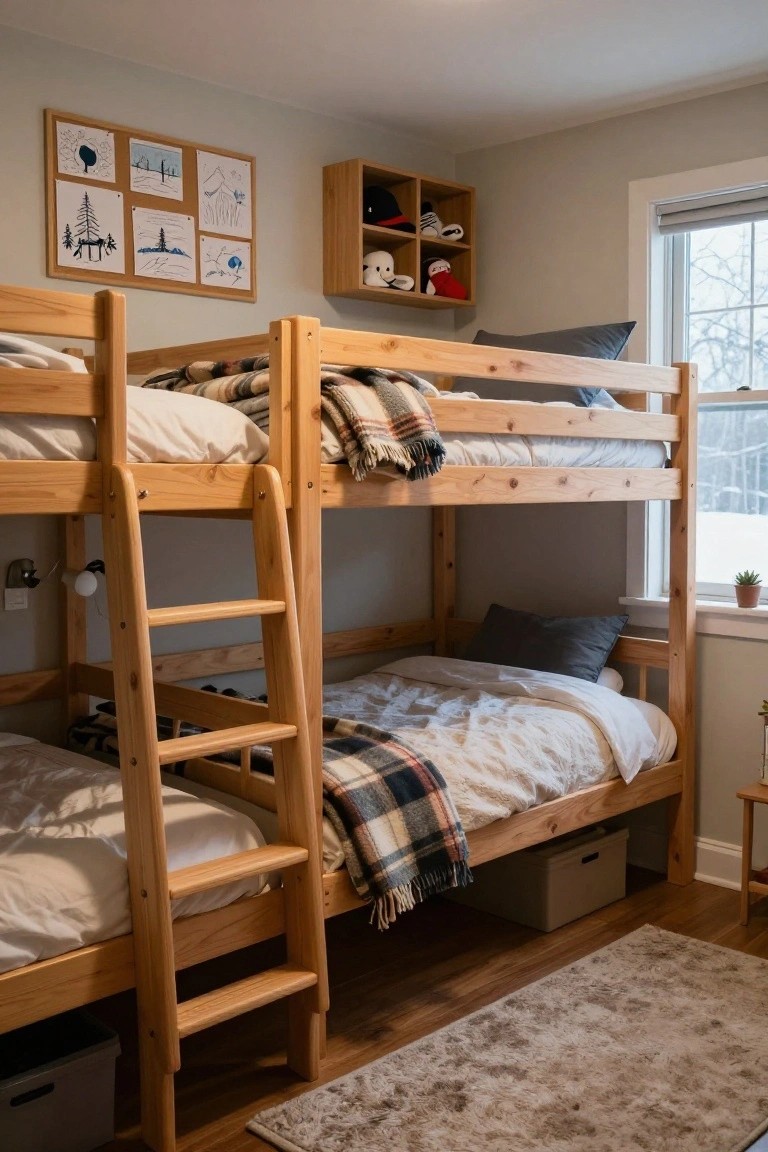Wooden bunk beds in a light-colored children's bedroom with plaid blankets on both beds, pillows, a ladder, wall shelves holding hats and toys, and a window showing bare winter trees outside.