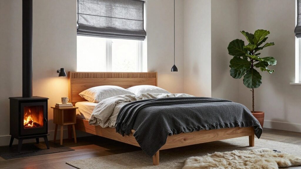 Bedroom with low wooden platform bed topped by white sheets, gray wool throw, and cream sheepskin rug at the foot, beside a lit black electric fireplace, large potted ficus plant, wooden nightstand with mug, and window with blinds.