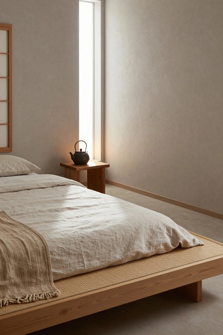 Low wooden platform bed with white linen bedding, beige throw, and rattan mat in a beige bedroom with shoji screen, wooden side table holding black teapot, and window letting in light.