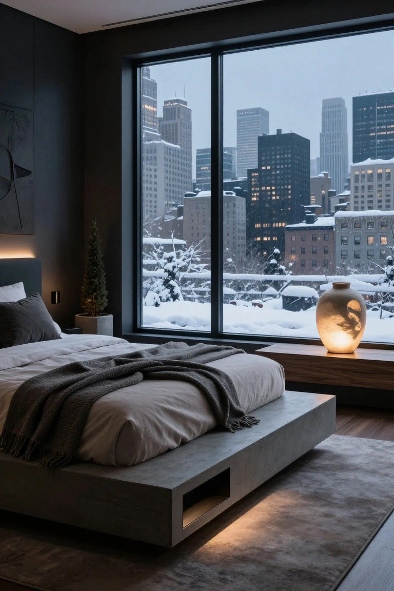 Modern bedroom with low gray platform bed, neutral bedding and gray throw, small potted evergreen tree, illuminated ceramic vase on wood sill, dark walls, and snowy New York City skyline through floor-to-ceiling window.