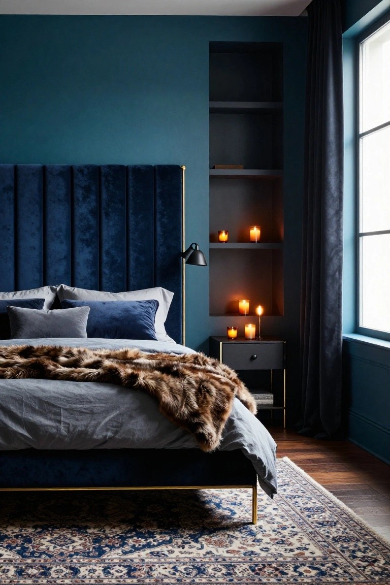 Bedroom with navy blue walls, tufted navy velvet headboard on gold-legged platform bed with gray sheets, fur throw, pillows, black nightstand, candles in wall niche, and blue Persian rug on wood floor.