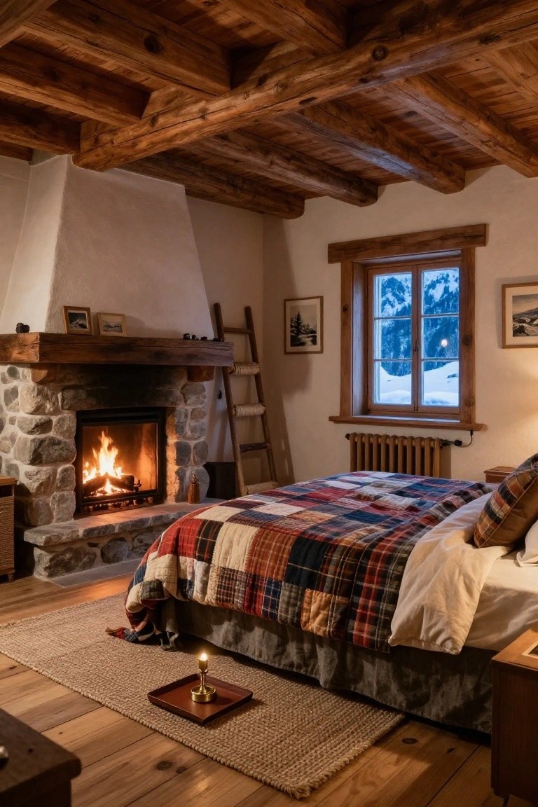 Cozy bedroom with stone fireplace burning logs, wooden beamed ceiling, patchwork quilt on bed, ladderback chair, and window showing snowy landscape.