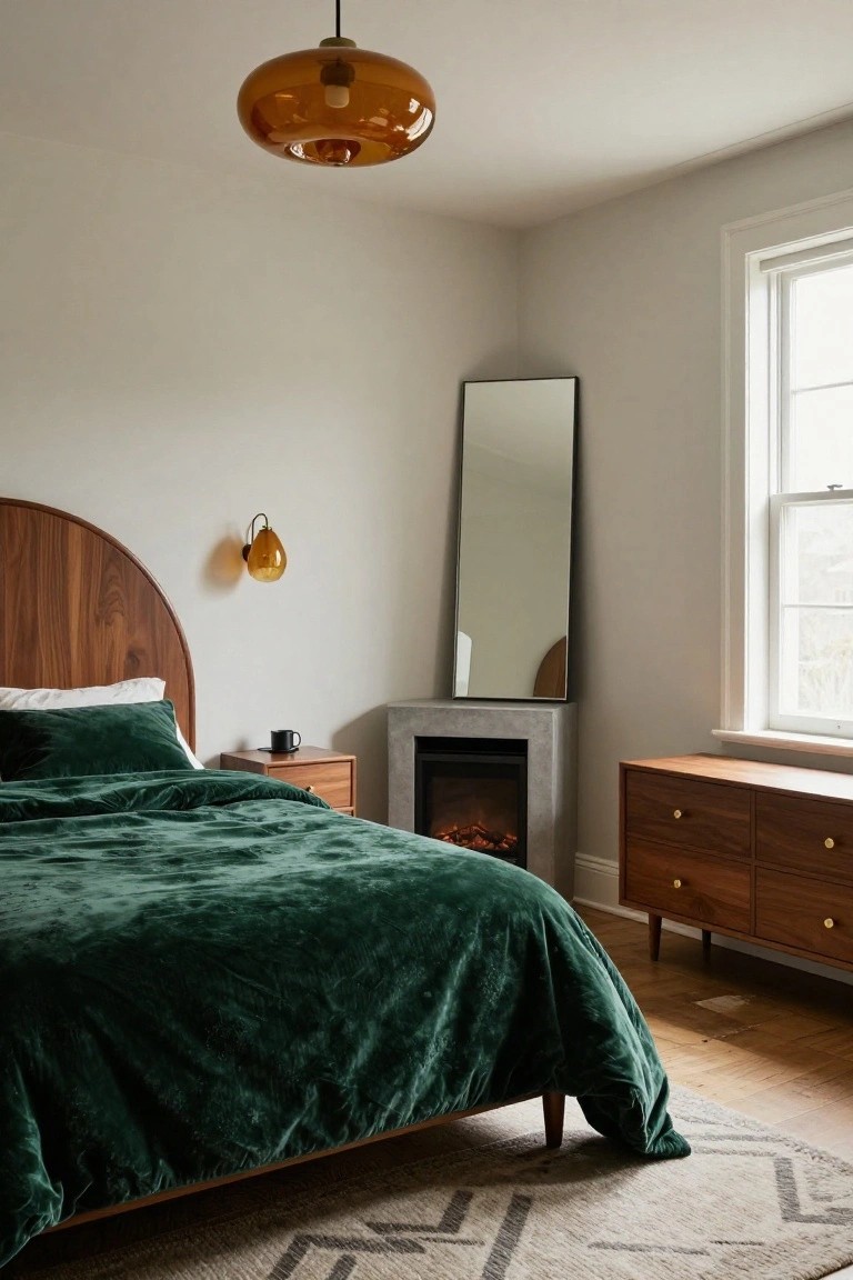 Bedroom with emerald green velvet bedspread on a walnut frame with arched headboard, concrete electric fireplace, walnut nightstand and dresser, full-length mirror, amber pendant light, and wall sconce.