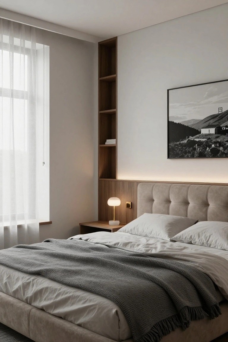 Bedroom with tall wooden built-in shelves flowing into a paneled tufted beige headboard with LED strip lighting, king bed covered in white sheets and gray knit throw, wooden nightstand with white lamp, and sheer curtained window.