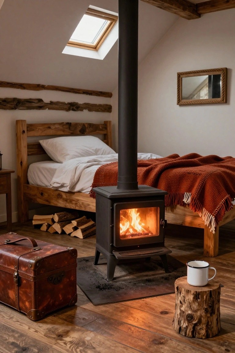 Cozy attic bedroom with exposed wooden beams, skylight, rustic wooden bed with white sheets and red wool blanket, black wood-burning stove with fire burning, firewood stack, leather suitcase, and white enamel mug on tree stump stool.