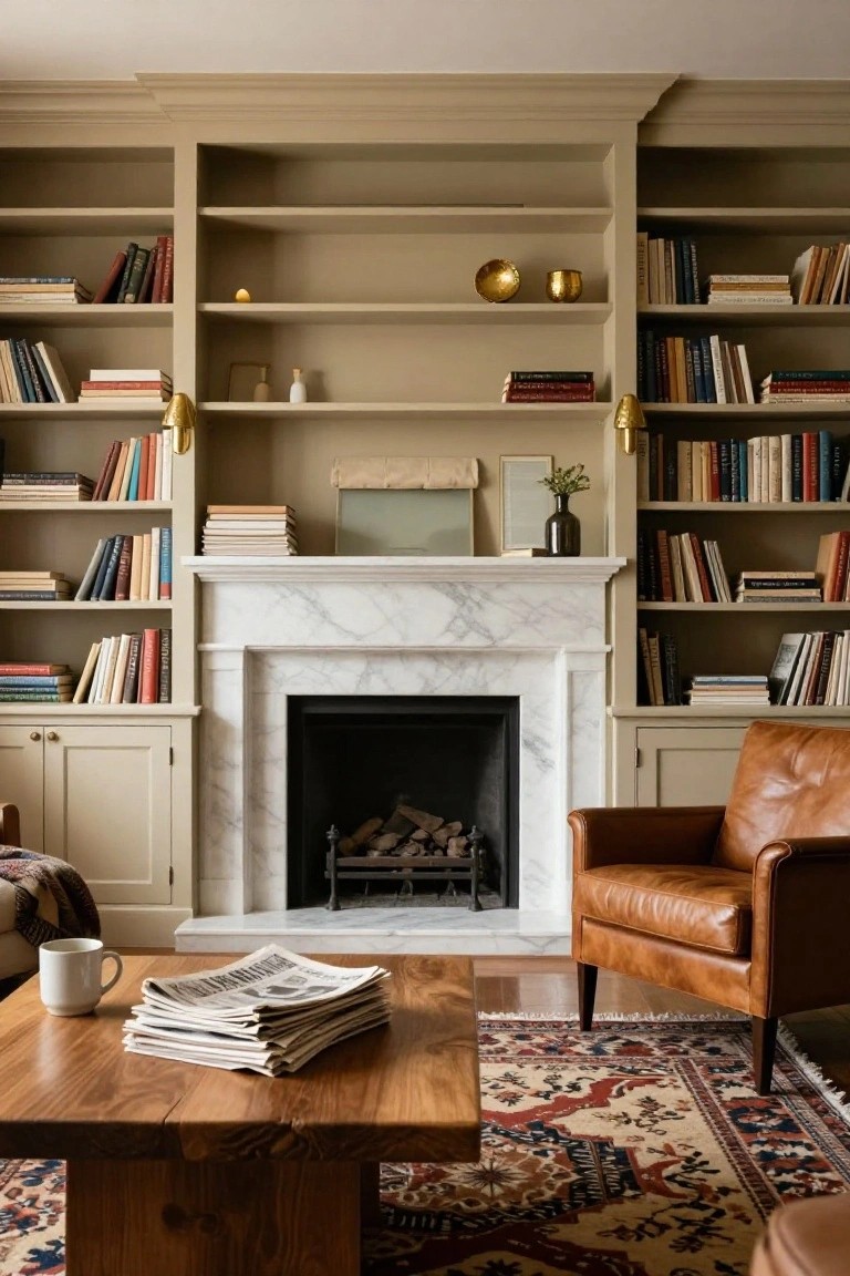 Living room with tall matching beige built-in bookshelves flanking a white marble fireplace containing a wood fire, leather armchair, wooden coffee table with stacked newspapers and mug, and red patterned rug.